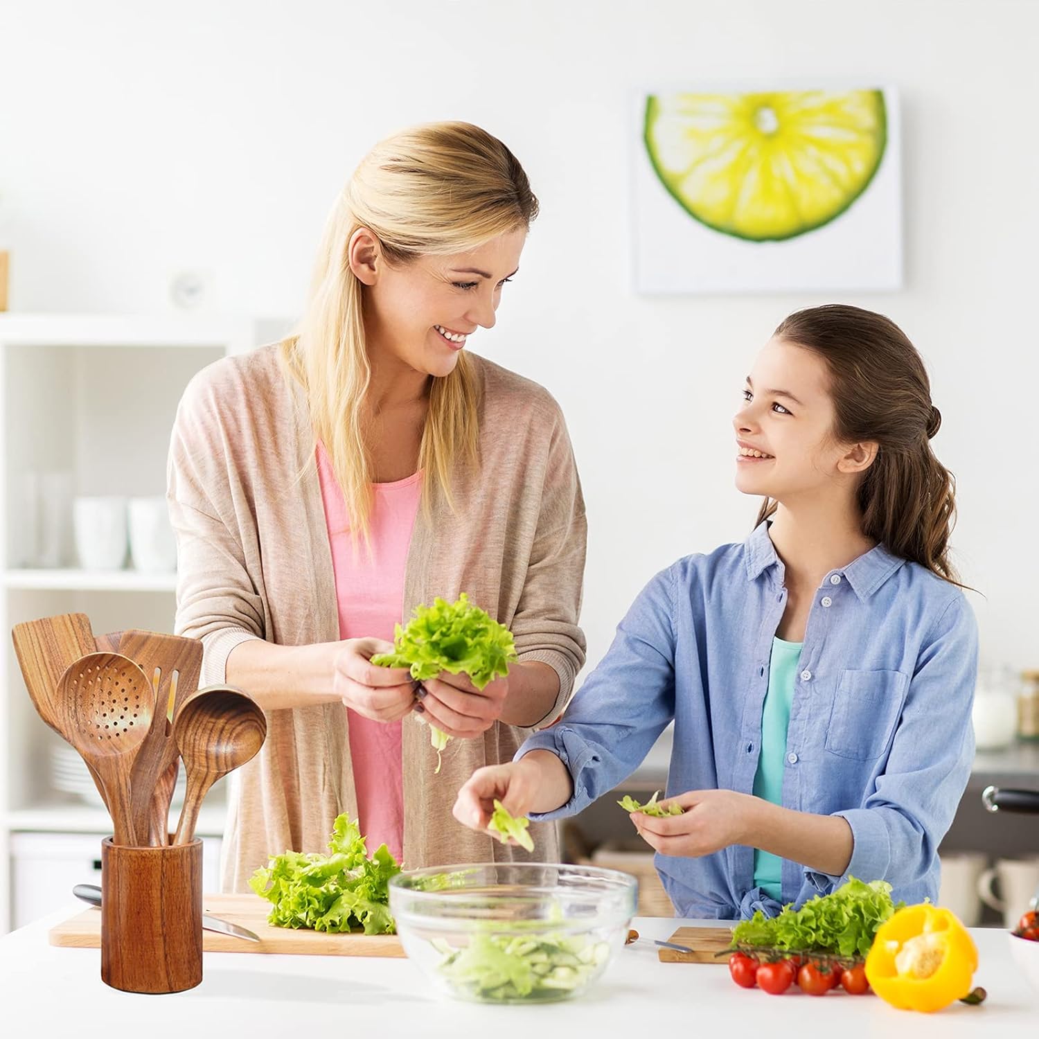 10-Piece Natural Teak Wooden Kitchen Utensils Set for Cooking