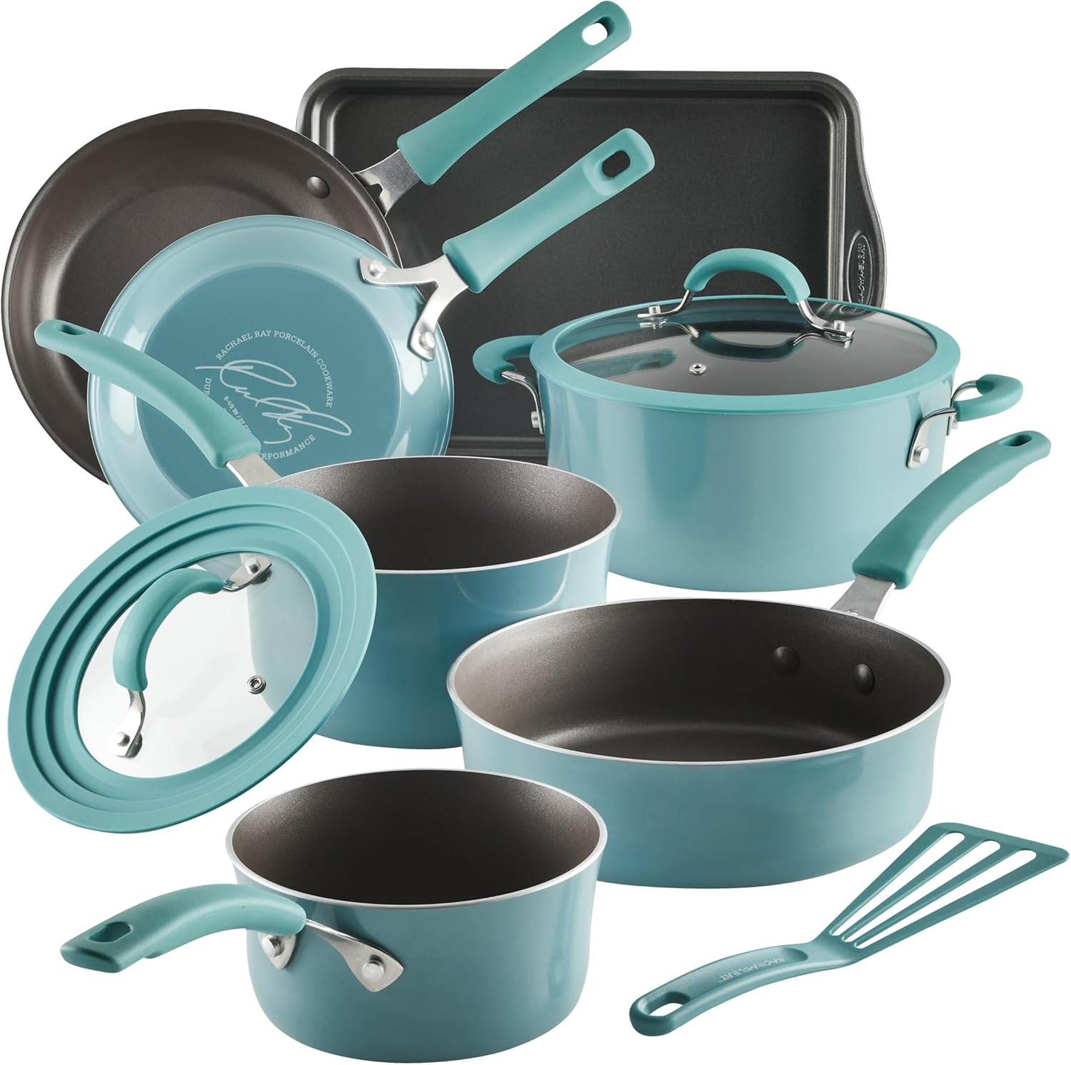 10 Piece Rachael Ray Nonstick Cookware/Pots and Pan Set in Agave Blue - Cook and Create in Style