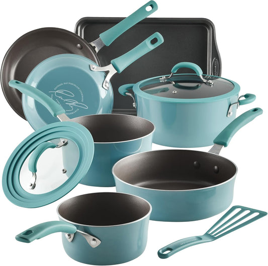 10 Piece Rachael Ray Nonstick Cookware/Pots and Pan Set in Agave Blue - Cook and Create in Style