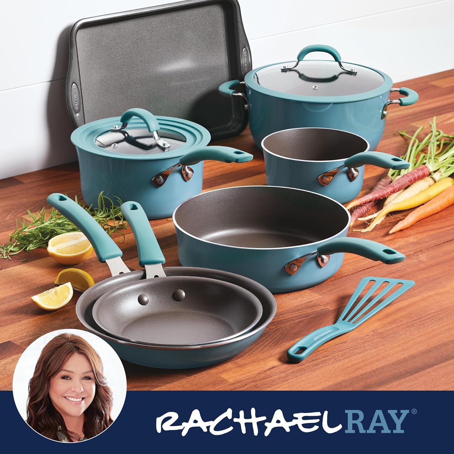 10 Piece Rachael Ray Nonstick Cookware/Pots and Pan Set in Agave Blue - Cook and Create in Style