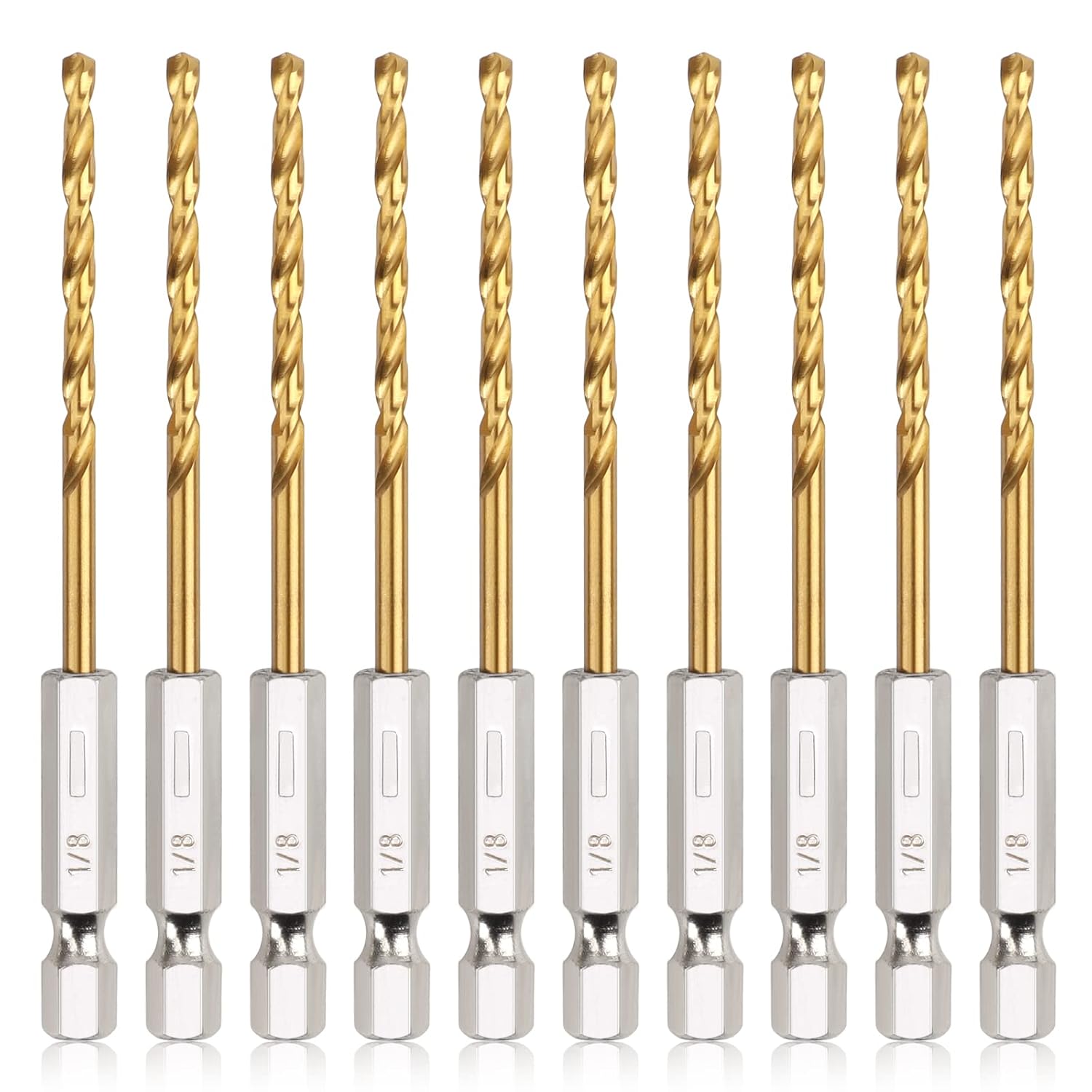 10-Piece Titanium Twist Drill Bit Set with 1/8" Hex Shank - High Speed Steel for Wood, Plastic, Aluminum - Quick Change