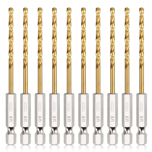 10-Piece Titanium Twist Drill Bit Set with 1/8" Hex Shank - High Speed Steel for Wood, Plastic, Aluminum - Quick Change