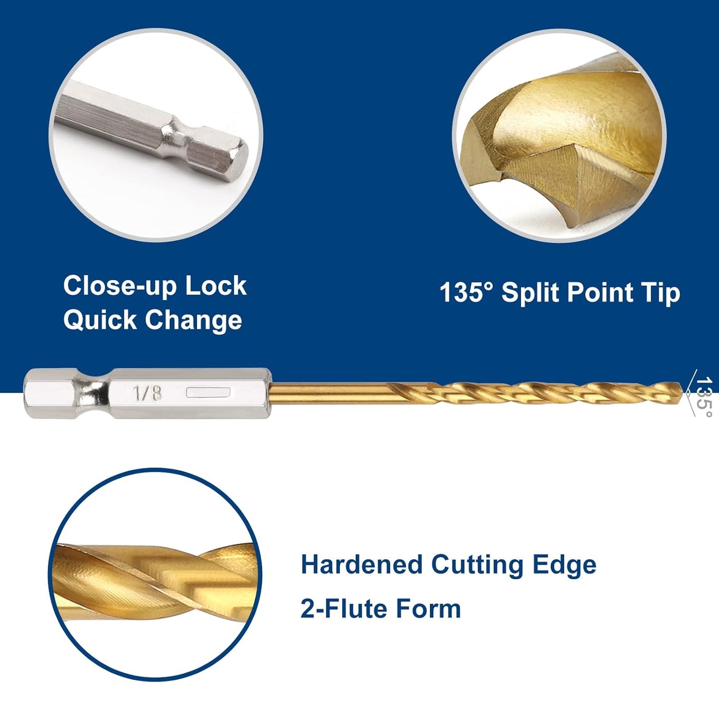 10-Piece Titanium Twist Drill Bit Set with 1/8" Hex Shank - High Speed Steel for Wood, Plastic, Aluminum - Quick Change