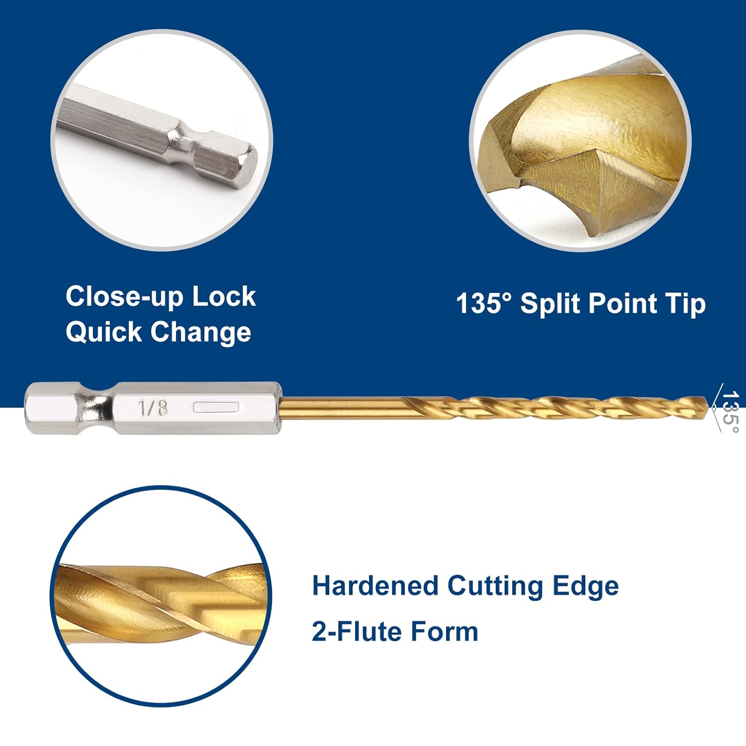 10-Piece Titanium Twist Drill Bit Set with 1/8" Hex Shank - High Speed Steel for Wood, Plastic, Aluminum - Quick Change