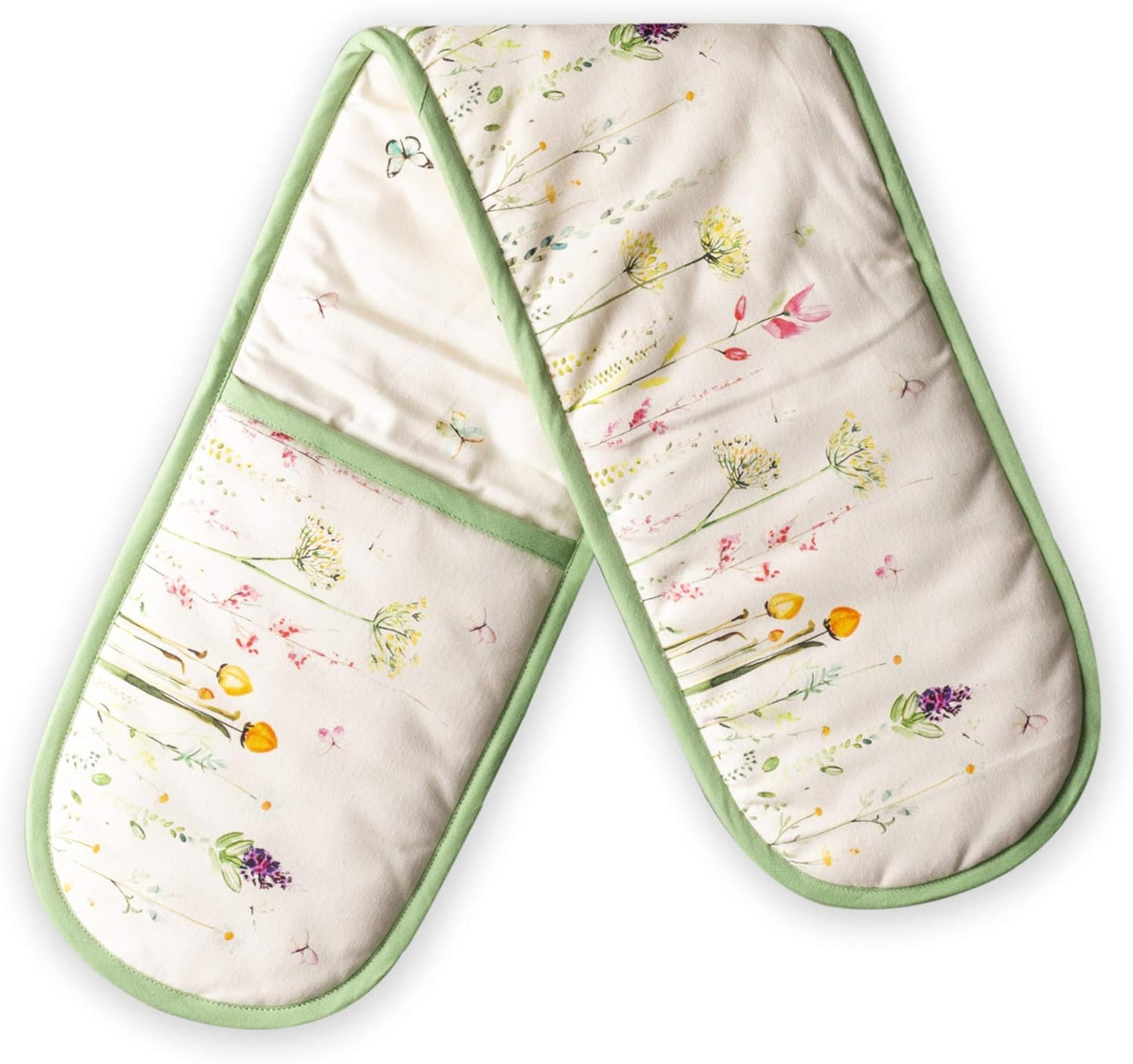 100% Cotton Double Oven Mitt 7"x35" with Hanging Loop - Heat Resistant Cooking Gloves for BBQ, Baking, and Grilling - Botanical Fresh Design for Spring/Summer