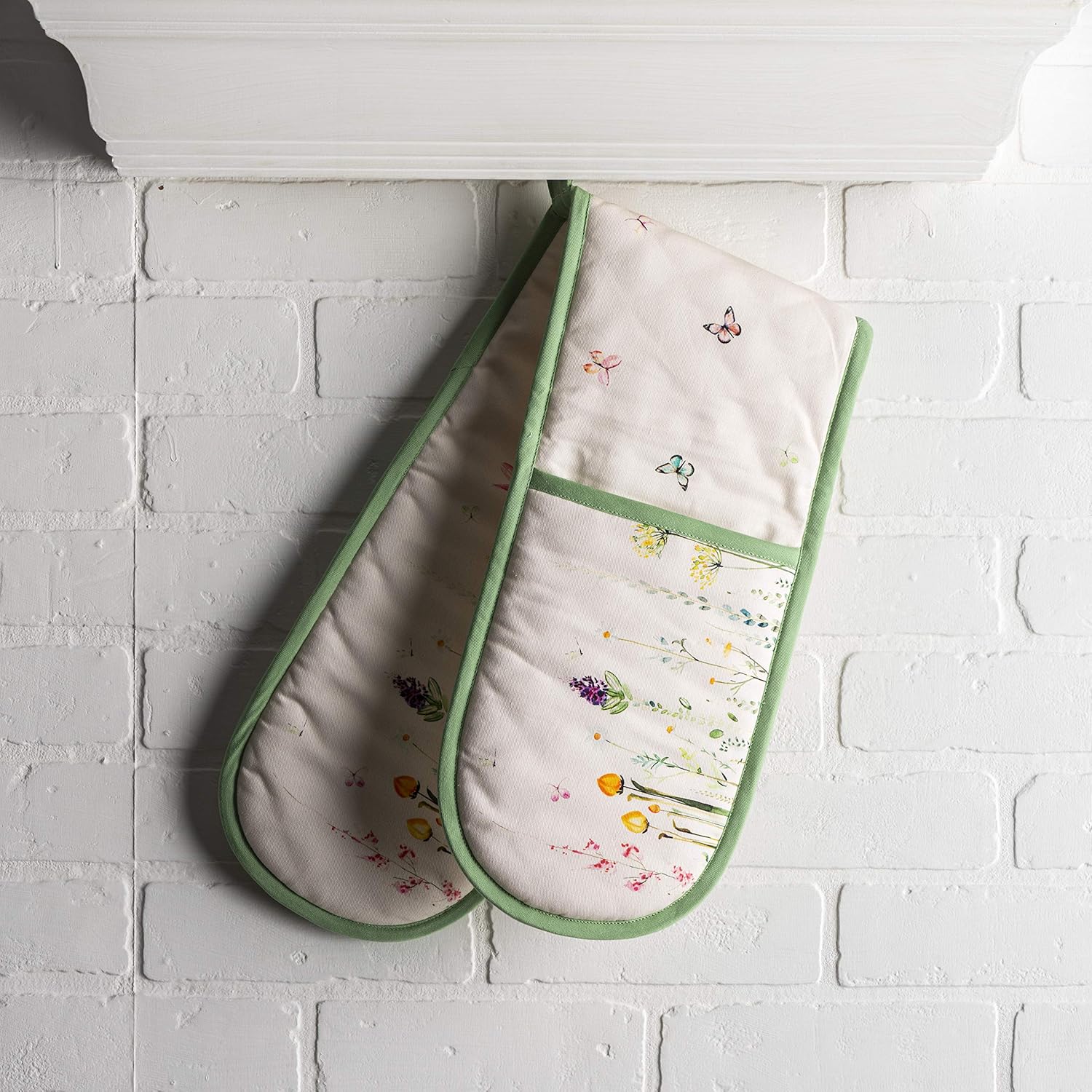 100% Cotton Double Oven Mitt 7"x35" with Hanging Loop - Heat Resistant Cooking Gloves for BBQ, Baking, and Grilling - Botanical Fresh Design for Spring/Summer