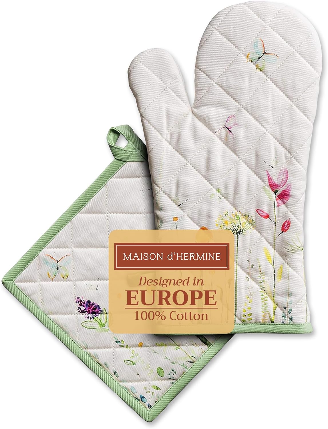 100% Cotton Heat Resistant Oven Mitt & Pot Holder Set - Perfect for Chefs, Restaurants, and Weddings - Botanical Fresh Design - Spring/Summer