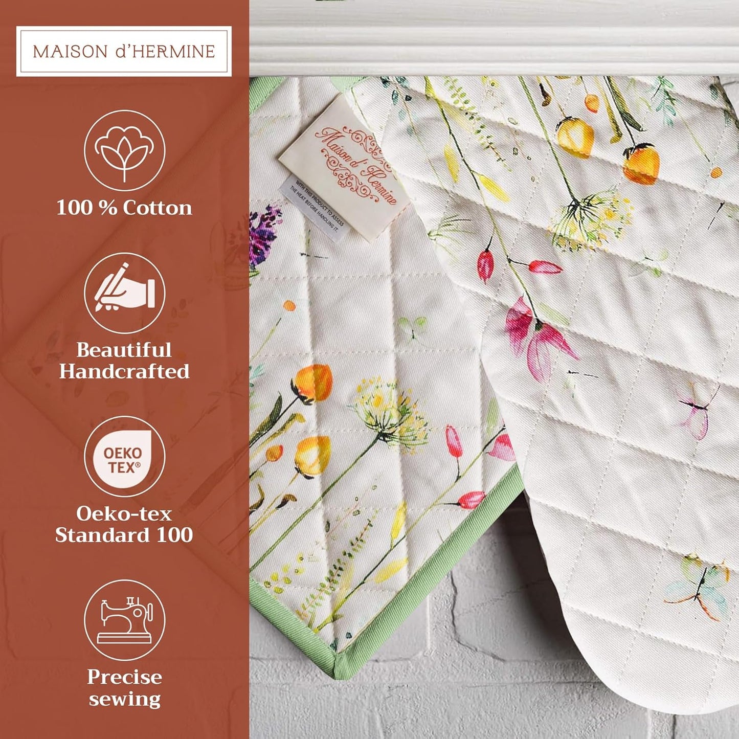 100% Cotton Heat Resistant Oven Mitt & Pot Holder Set - Perfect for Chefs, Restaurants, and Weddings - Botanical Fresh Design - Spring/Summer