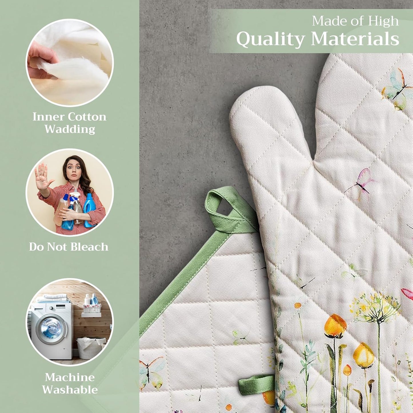 100% Cotton Heat Resistant Oven Mitt & Pot Holder Set - Perfect for Chefs, Restaurants, and Weddings - Botanical Fresh Design - Spring/Summer