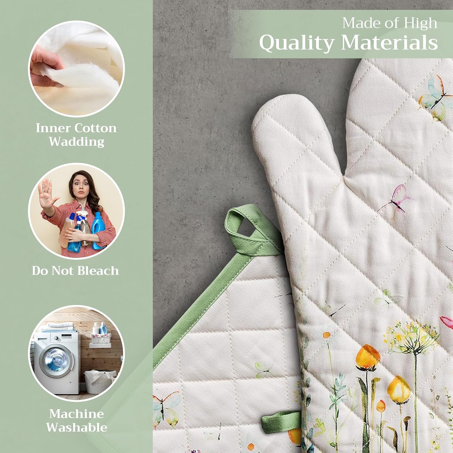 100% Cotton Heat Resistant Oven Mitt & Pot Holder Set - Perfect for Chefs, Restaurants, and Weddings - Botanical Fresh Design - Spring/Summer