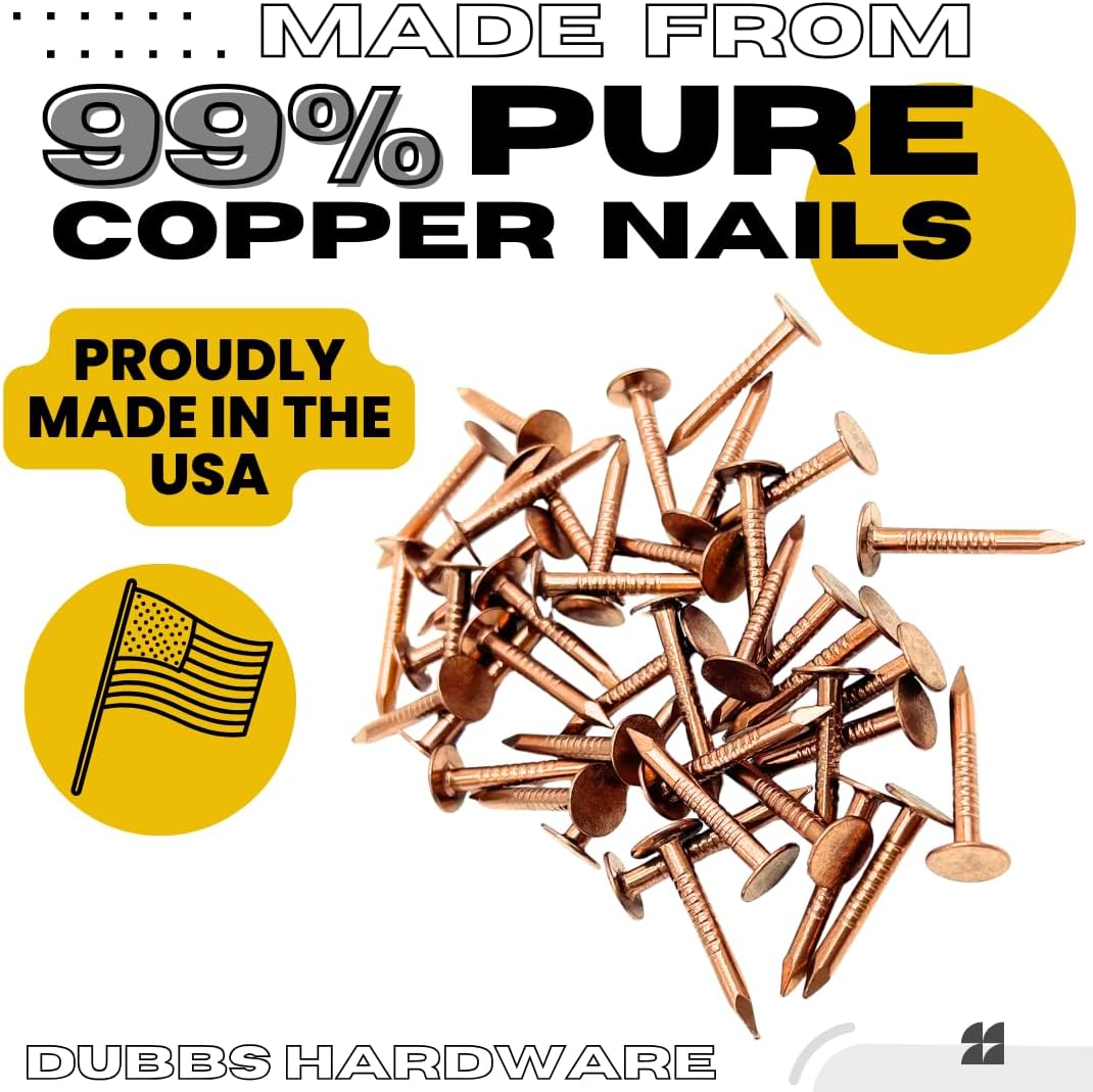 100 Count 1 Inch Solid Copper Nails for Roofing, Flashing, Furniture, Boats - High Quality Pure Copper Slate Spikes - Dubbs Hardware
