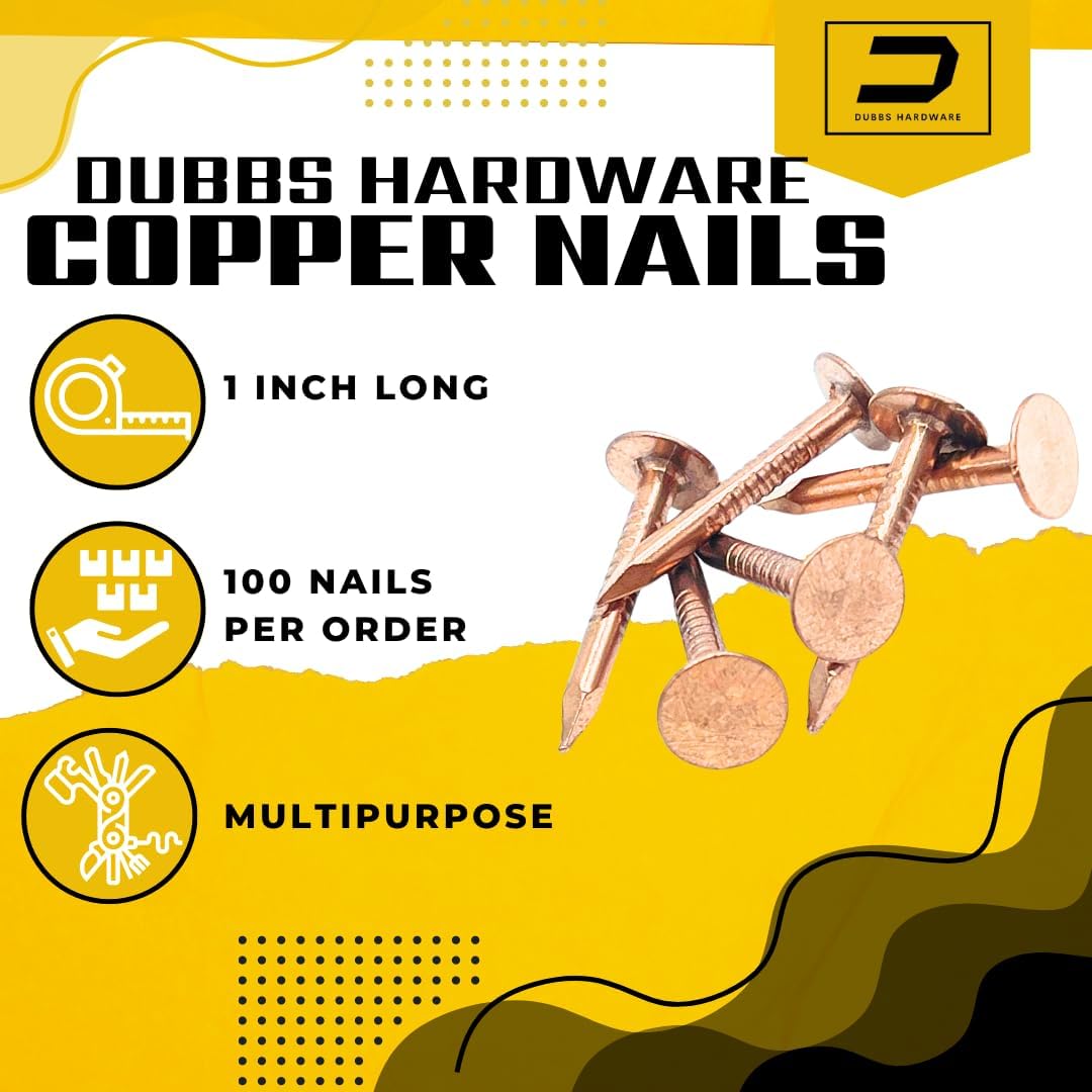 100 Count 1 Inch Solid Copper Nails for Roofing, Flashing, Furniture, Boats - High Quality Pure Copper Slate Spikes - Dubbs Hardware