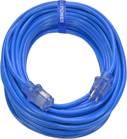 100 FT Blue Outdoor Extension Cord for Extreme Cold -50°C | 14/3 SJTW, 3 Prong Grounded Plug, Power Indicator Light