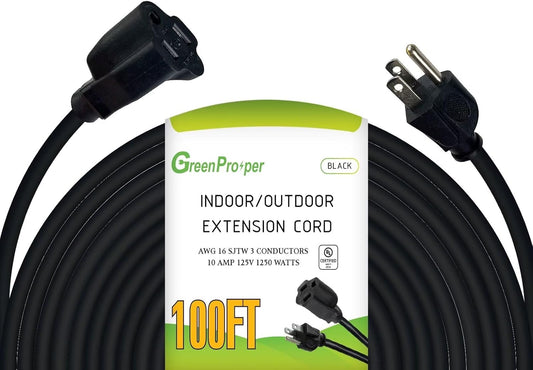 100 Ft Indoor Outdoor Black Extension Cord, 16 Gauge Waterproof Electrical Power Cable - UL Listed