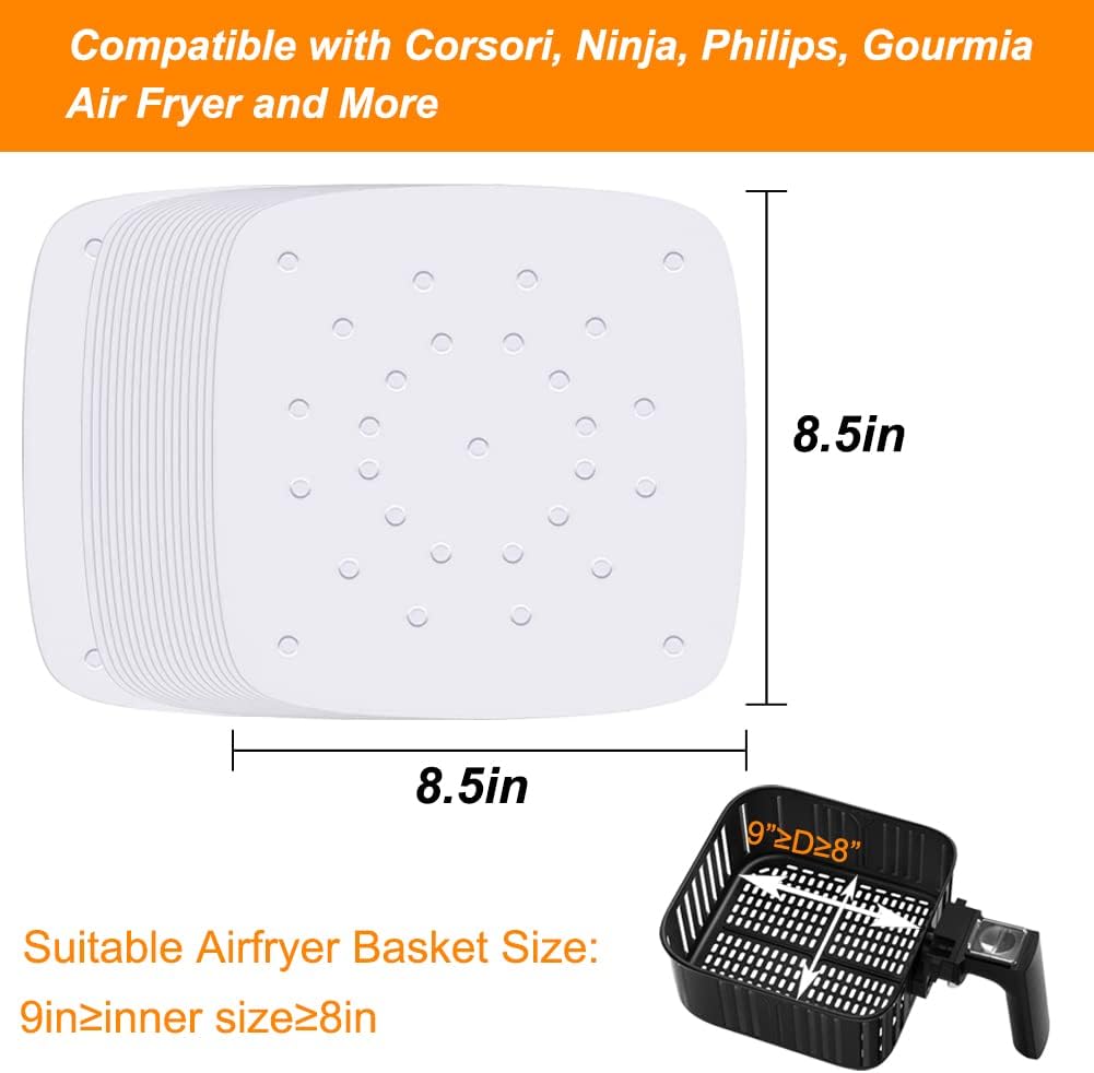 100 Pack 8.5 inch Square Air Fryer Parchment Liners/Bamboo Steamer Papers for Steaming Basket - Various Sizes Available