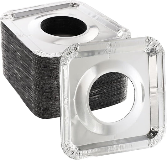 100 Pack Aluminum Foil Stove Burner Covers - 8.5" Square Gas Range Protector Liners for Clean Cooking