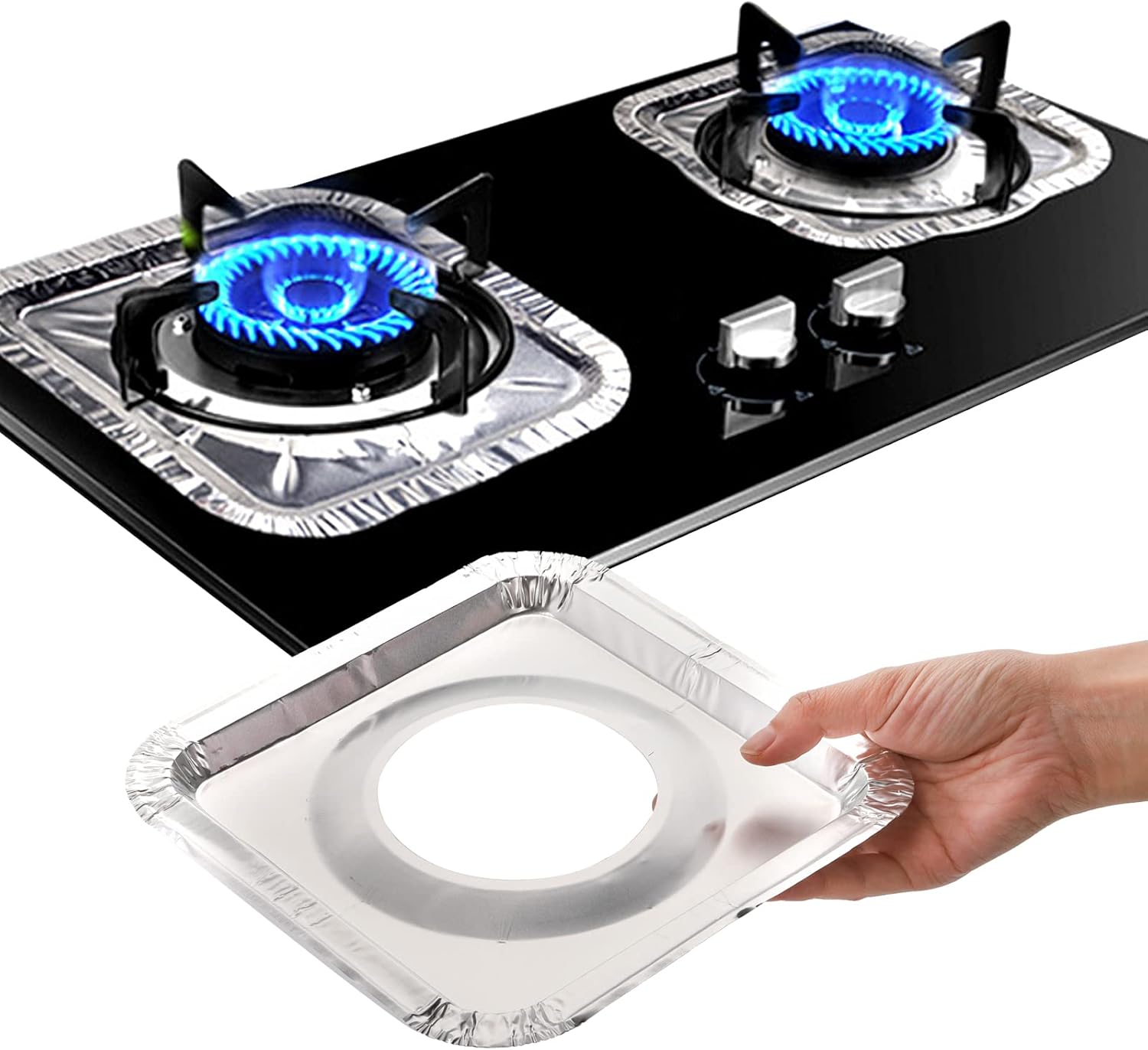 100 Pack Aluminum Foil Stove Burner Covers - 8.5" Square Gas Range Protector Liners for Clean Cooking