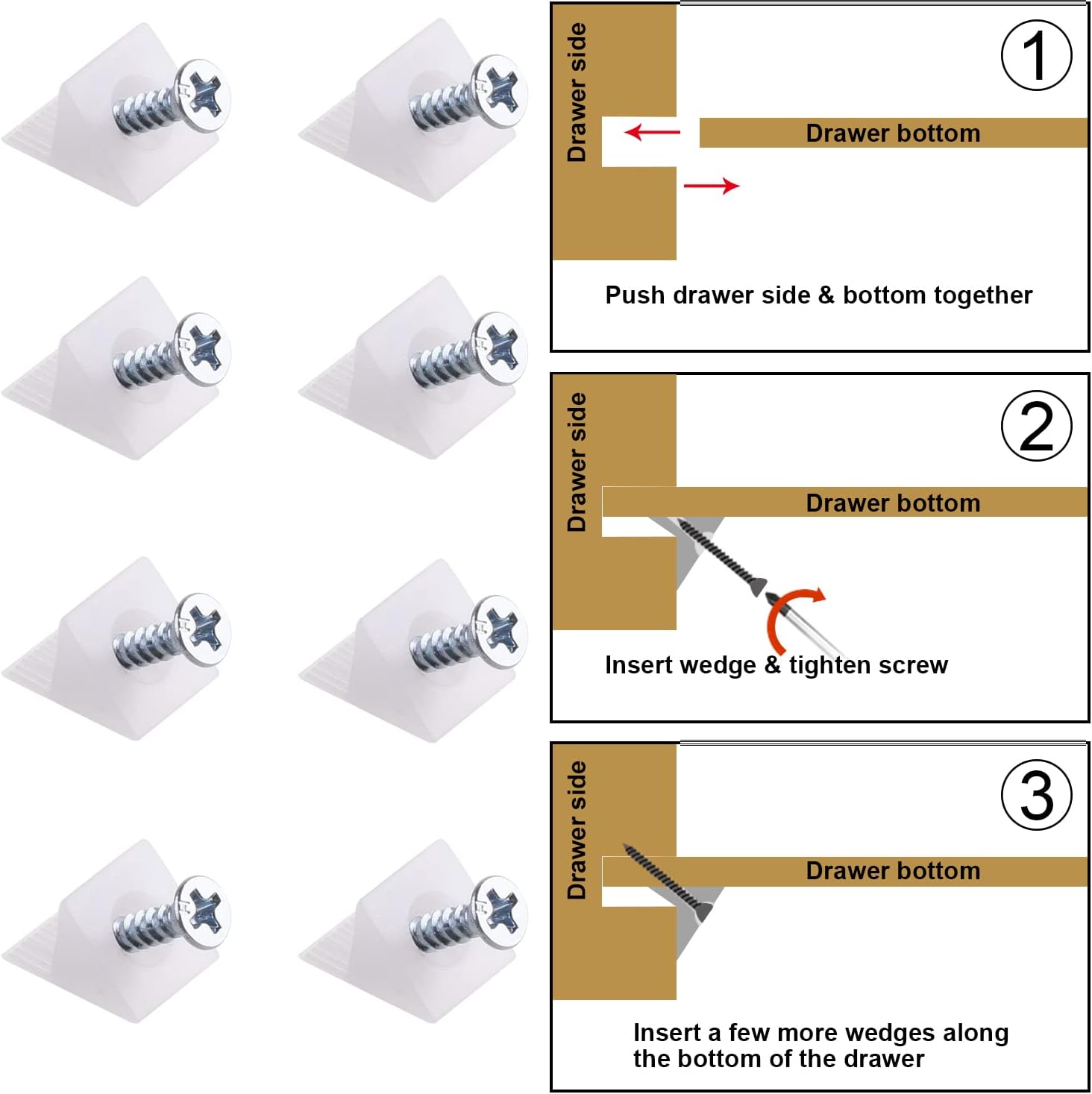 100 Pack Furniture Drawer Bottom Repair Wedges with 90 Degree Plastic Angle Bracket Fasteners