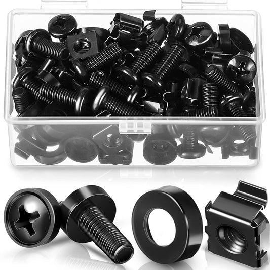 100 Pack M6 x 13 mm Stainless Steel Black Rack Mount Cage Nuts, Screws, and Washers for Server Console Audio Racks