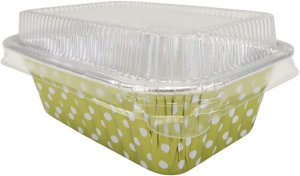 100 Pack of 6 oz Disposable Aluminum Colored Polka Dot Mini Loaf Pans with Lids - Non-Stick Baking Pan for Food Gifts, Home Bakers, Restaurants - Gold - KitchenDance #4004