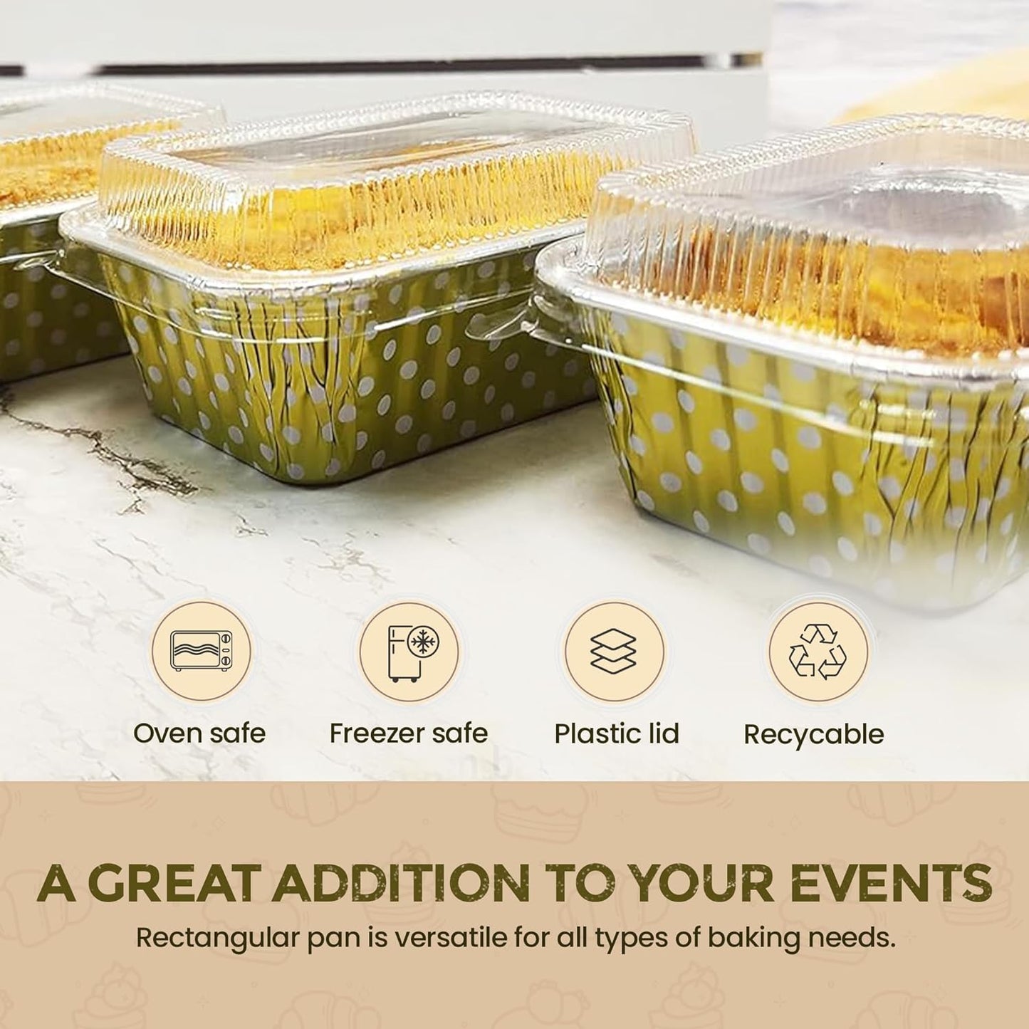 100 Pack of 6 oz Disposable Aluminum Colored Polka Dot Mini Loaf Pans with Lids - Non-Stick Baking Pan for Food Gifts, Home Bakers, Restaurants - Gold - KitchenDance #4004