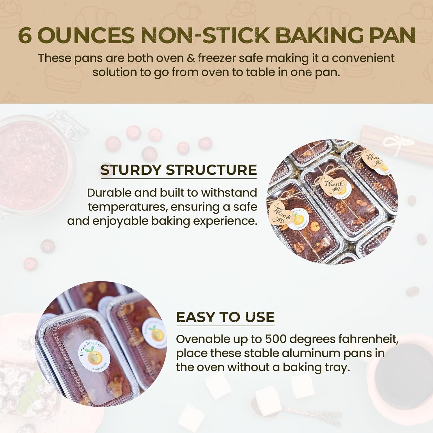 100 Pack of 6 oz Disposable Aluminum Colored Polka Dot Mini Loaf Pans with Lids - Non-Stick Baking Pan for Food Gifts, Home Bakers, Restaurants - Gold - KitchenDance #4004