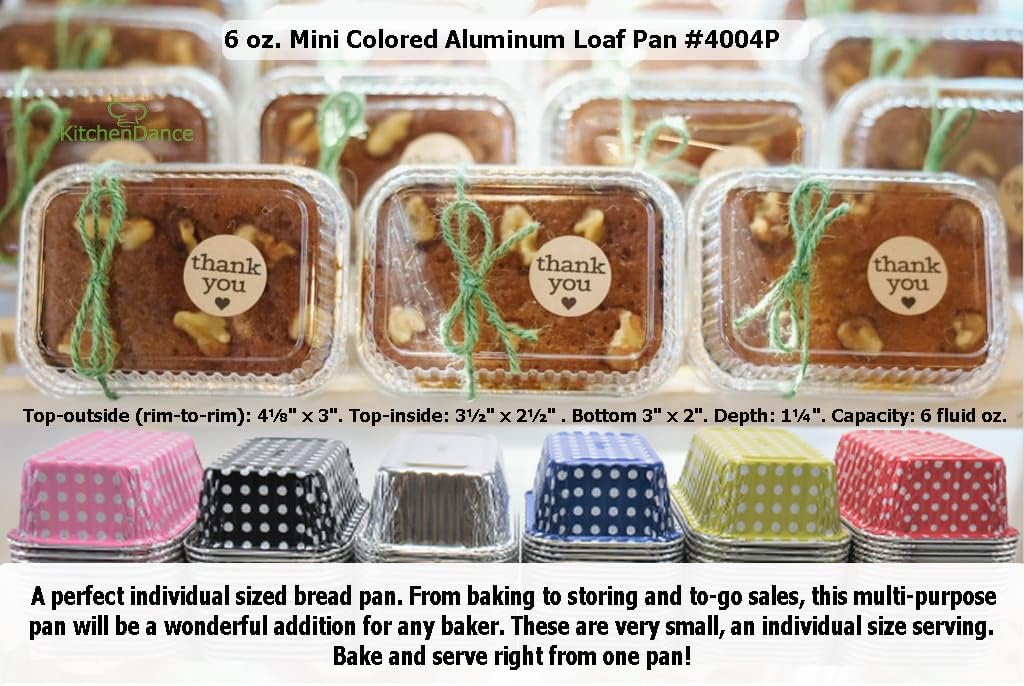100 Pack of 6 oz Disposable Aluminum Colored Polka Dot Mini Loaf Pans with Lids - Non-Stick Baking Pan for Food Gifts, Home Bakers, Restaurants - Gold - KitchenDance #4004