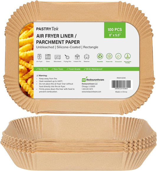100 Pack of Restaurantware-Pastry Tek 8.1 x 5.5 x 1.8 Inch Air Fryer Liners - Silicone Coated Rectangle Baking Liners for Steamer, Microwave, Oven, Unbleached, Food-Grade Paper