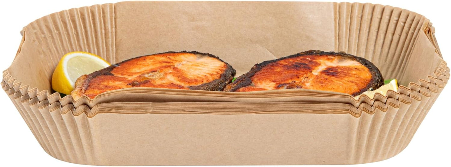 100 Pack of Restaurantware-Pastry Tek 8.1 x 5.5 x 1.8 Inch Air Fryer Liners - Silicone Coated Rectangle Baking Liners for Steamer, Microwave, Oven, Unbleached, Food-Grade Paper