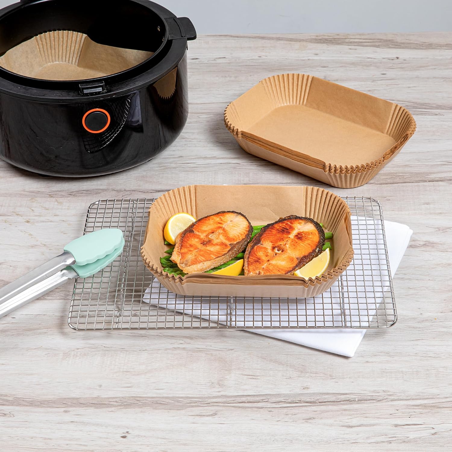 100 Pack of Restaurantware-Pastry Tek 8.1 x 5.5 x 1.8 Inch Air Fryer Liners - Silicone Coated Rectangle Baking Liners for Steamer, Microwave, Oven, Unbleached, Food-Grade Paper