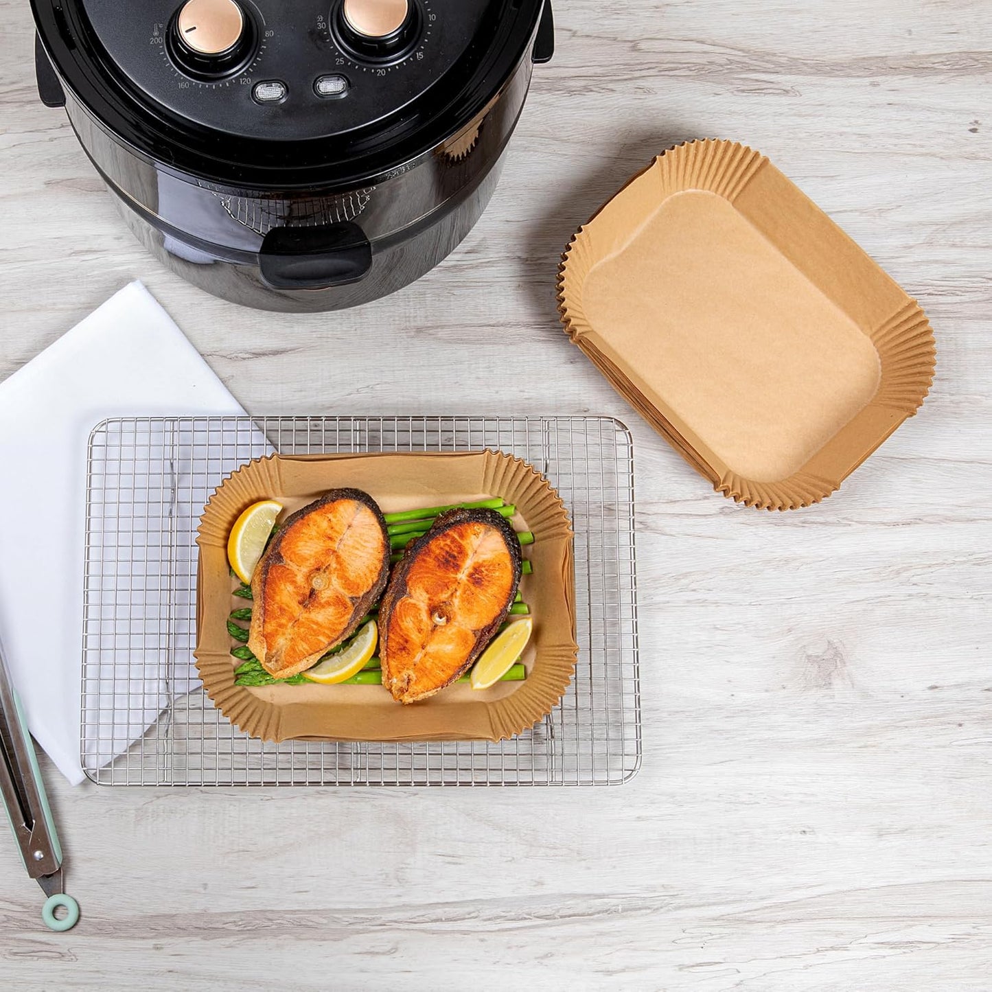 100 Pack of Restaurantware-Pastry Tek 8.1 x 5.5 x 1.8 Inch Air Fryer Liners - Silicone Coated Rectangle Baking Liners for Steamer, Microwave, Oven, Unbleached, Food-Grade Paper