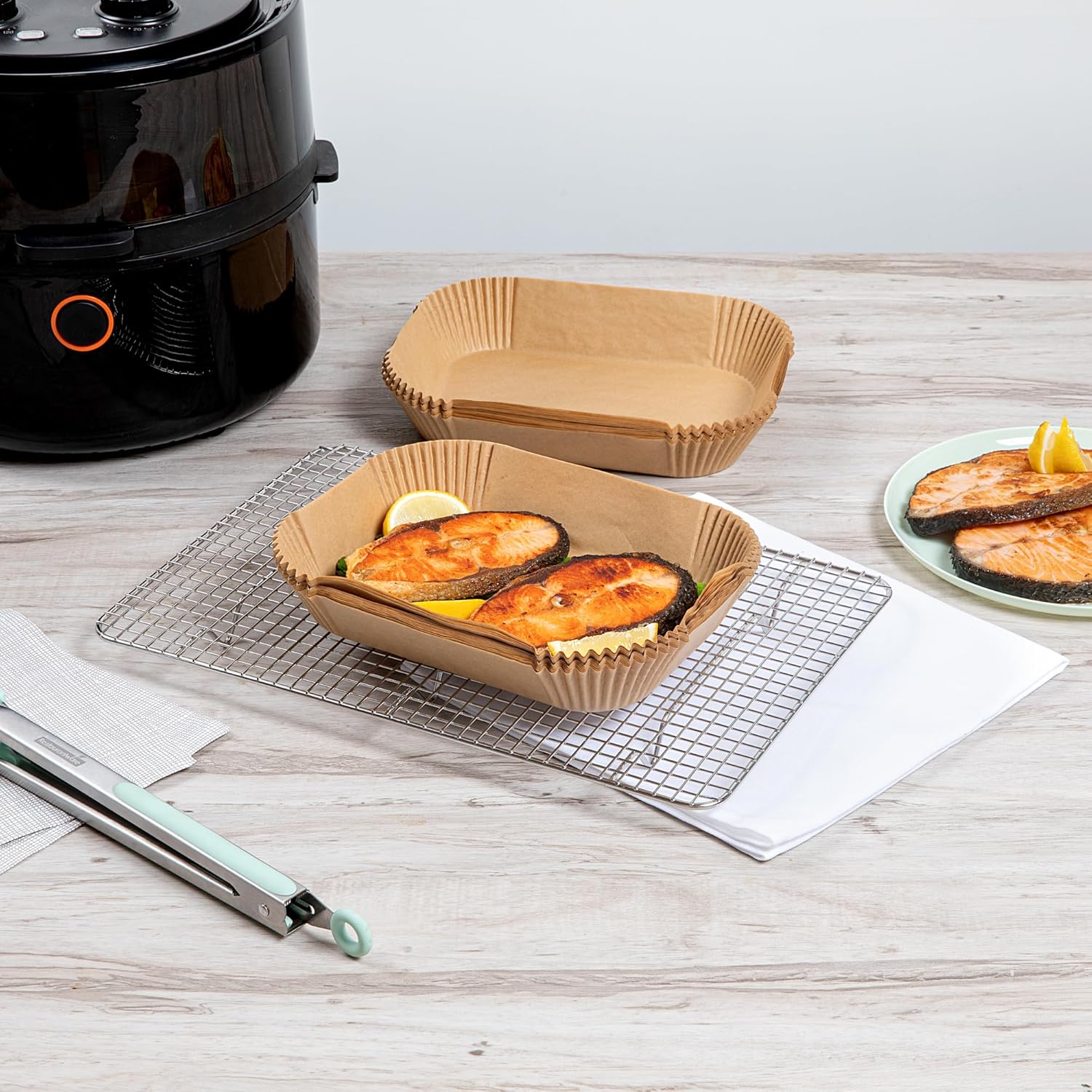 100 Pack of Restaurantware-Pastry Tek 8.1 x 5.5 x 1.8 Inch Air Fryer Liners - Silicone Coated Rectangle Baking Liners for Steamer, Microwave, Oven, Unbleached, Food-Grade Paper