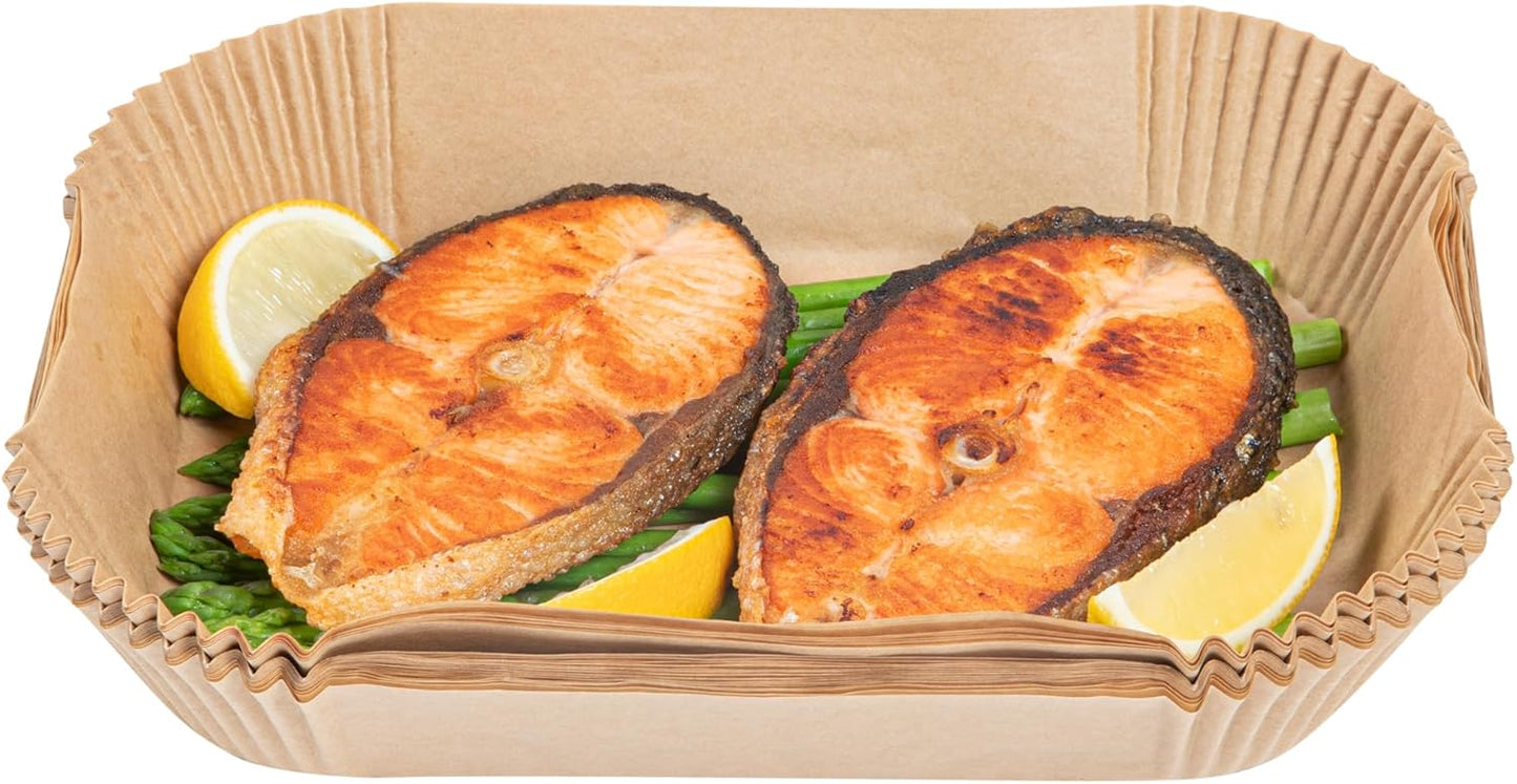 100 Pack of Restaurantware-Pastry Tek 8.1 x 5.5 x 1.8 Inch Air Fryer Liners - Silicone Coated Rectangle Baking Liners for Steamer, Microwave, Oven, Unbleached, Food-Grade Paper