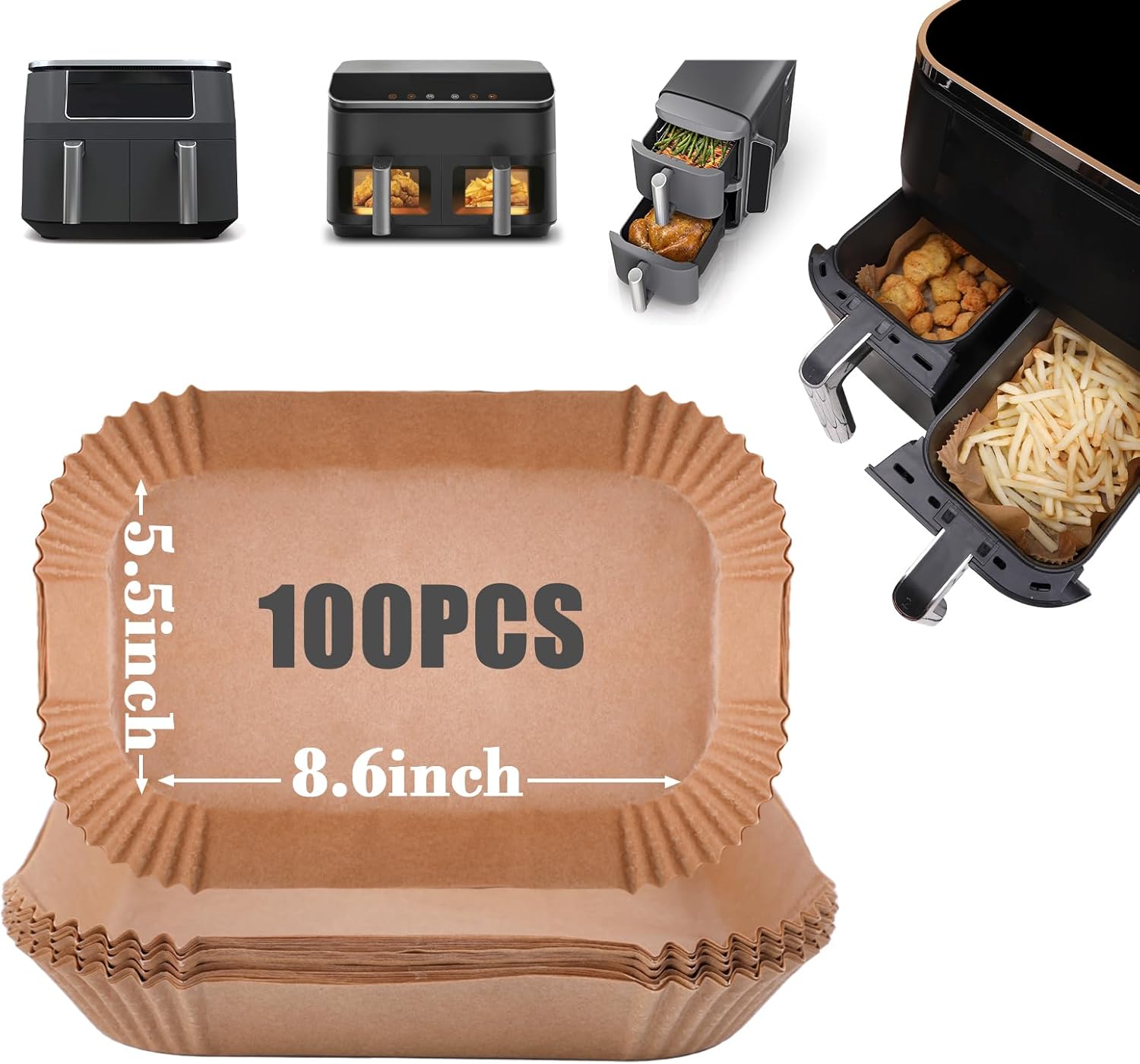 100 Pack Rectangular Disposable Paper Liners for Dual Air Fryer 8-10 Qt - 8.6x5.5 inches Parchment Paper - Compatible with Ninja DZ201 DZ401 SL401