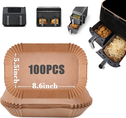 100 Pack Rectangular Disposable Paper Liners for Dual Air Fryer 8-10 Qt - 8.6x5.5 inches Parchment Paper - Compatible with Ninja DZ201 DZ401 SL401