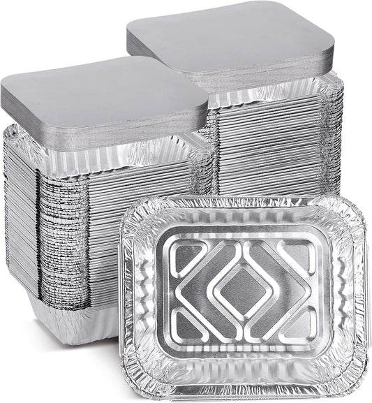 100 Pack XIAFEI 1LB Takeout Foil Pans with Lids - Disposable Aluminum Food Storage for Catering, Parties, Meal Prep - Recyclable Drip Pans for BBQ, Freezer, Potluck - 5.5"x4.5"x1.57