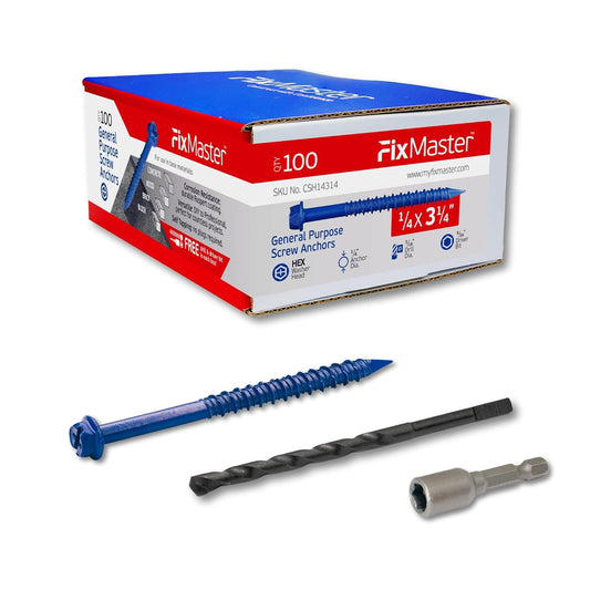 100 pc Blue Concrete Screw Anchor Kit with Screwdriver & Drill Bit - 1/4 x 3-1/4" Hex Head for Fastening Concrete, Masonry, Brick & Wood