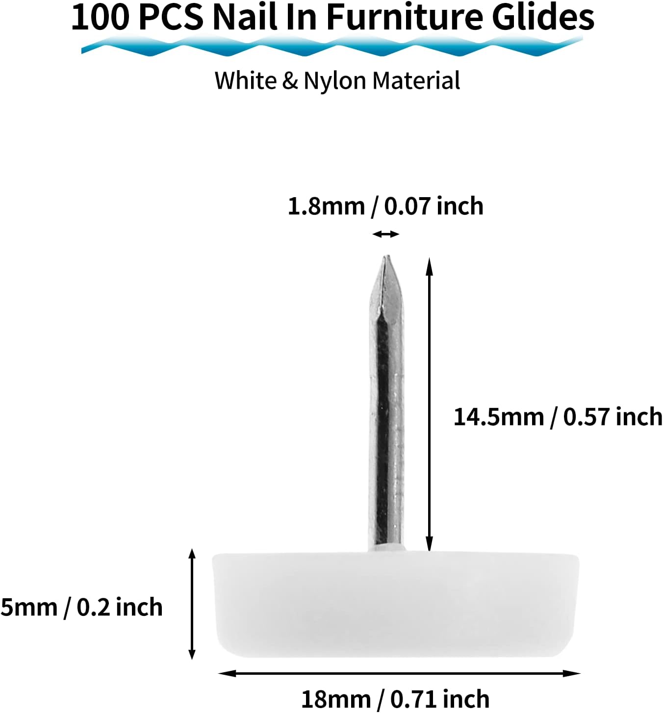 100 PCS 18mm Nylon Chair Glides for Wood Floors - White Plastic Furniture Sliders for Chair Legs - Furniture Pads for Hardwood Floors