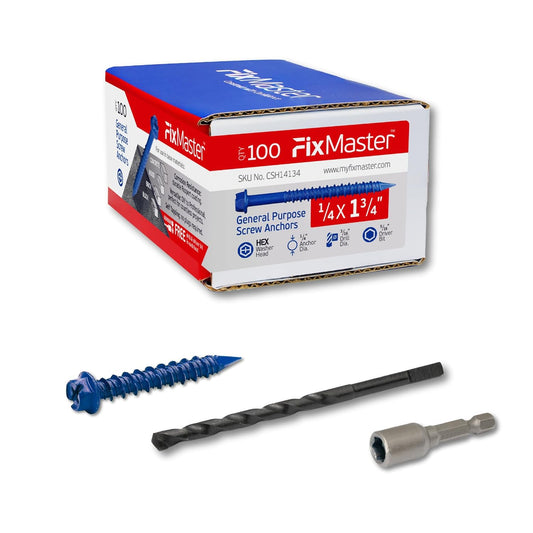100-Piece Blue Concrete Screw Anchors Kit with Hex Head, Screwdriver, and Drill Bit - Ideal for Concrete, Masonry, Block, Brick, and Wood Fastening