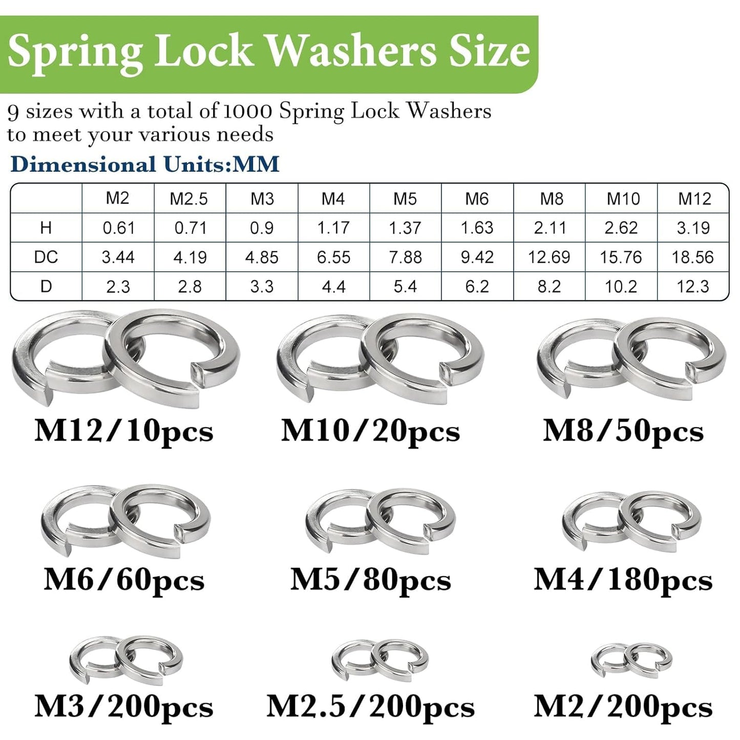 1000 Pack of Vifmy Spring Lock Washers Assortment Kit - Metric Split Lock Washer Set for Screws and Bolts, 304 Stainless Steel, M2-M12 Sizes