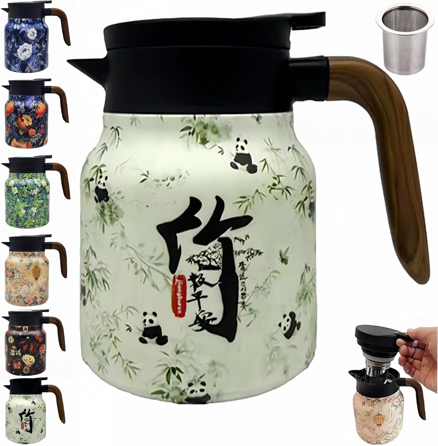 1000ML Stainless Steel Tea Pot with Vintage Floral Pattern, Built-in Infuser, Pressurized Water Dispensing, Long-lasting Heat Retention - Ideal for Brewing Tea