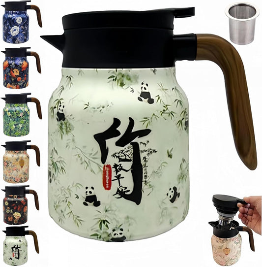 1000ML Stainless Steel Tea Pot with Vintage Floral Pattern, Built-in Infuser, Pressurized Water Dispensing, Long-lasting Heat Retention - Ideal for Brewing Tea