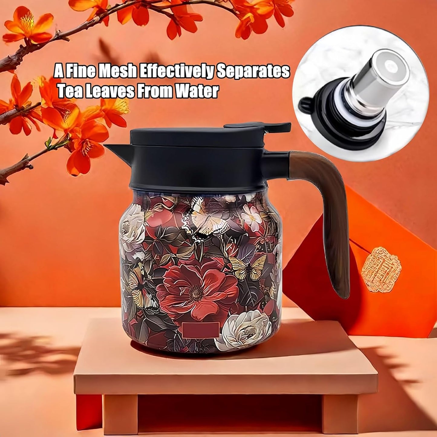 1000ML Stainless Steel Tea Pot with Vintage Floral Pattern, Built-in Infuser, Pressurized Water Dispensing, Long-lasting Heat Retention - Ideal for Brewing Tea