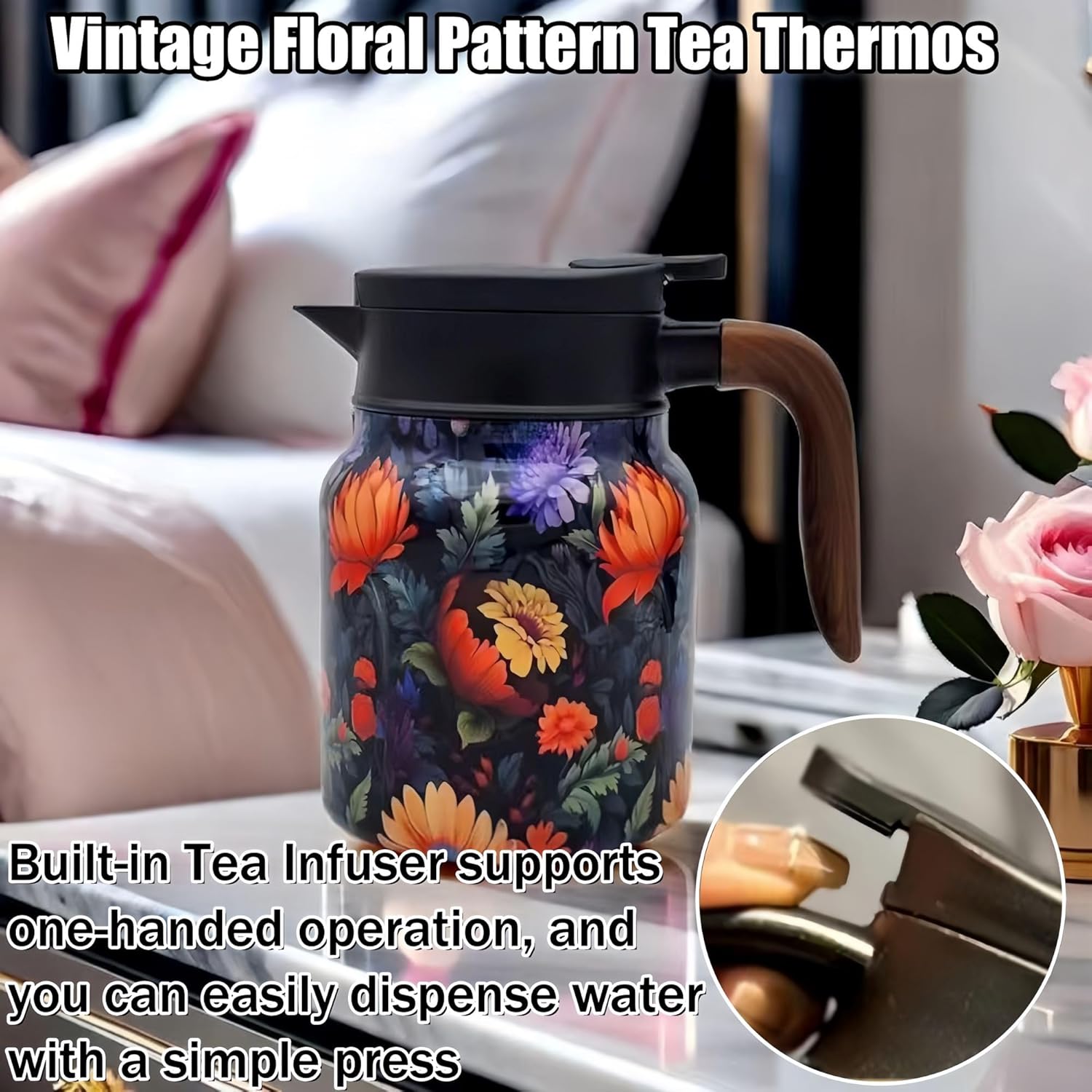 1000ML Stainless Steel Tea Pot with Vintage Floral Pattern, Built-in Infuser, Pressurized Water Dispensing, Long-lasting Heat Retention - Ideal for Brewing Tea
