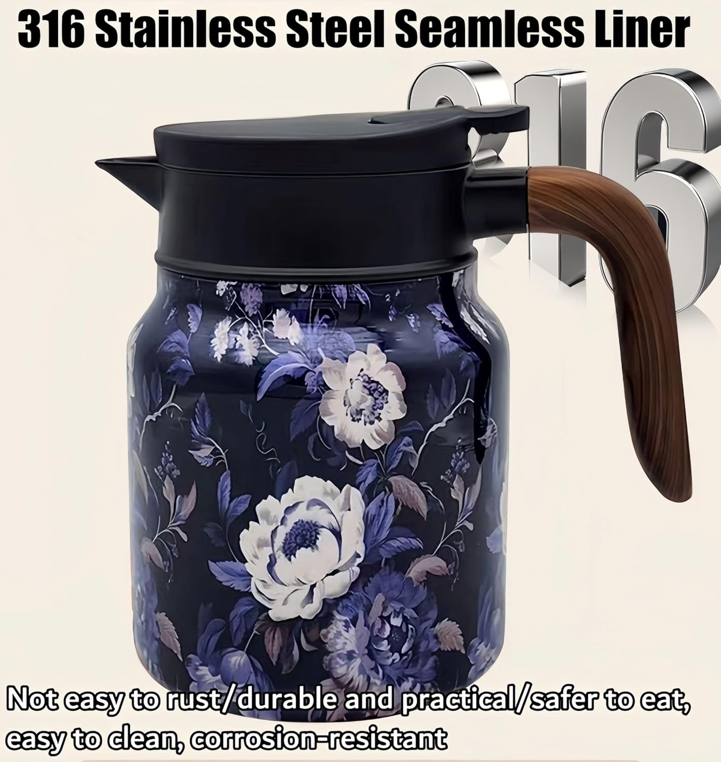 1000ML Stainless Steel Tea Pot with Vintage Floral Pattern, Built-in Infuser, Pressurized Water Dispensing, Long-lasting Heat Retention - Ideal for Brewing Tea