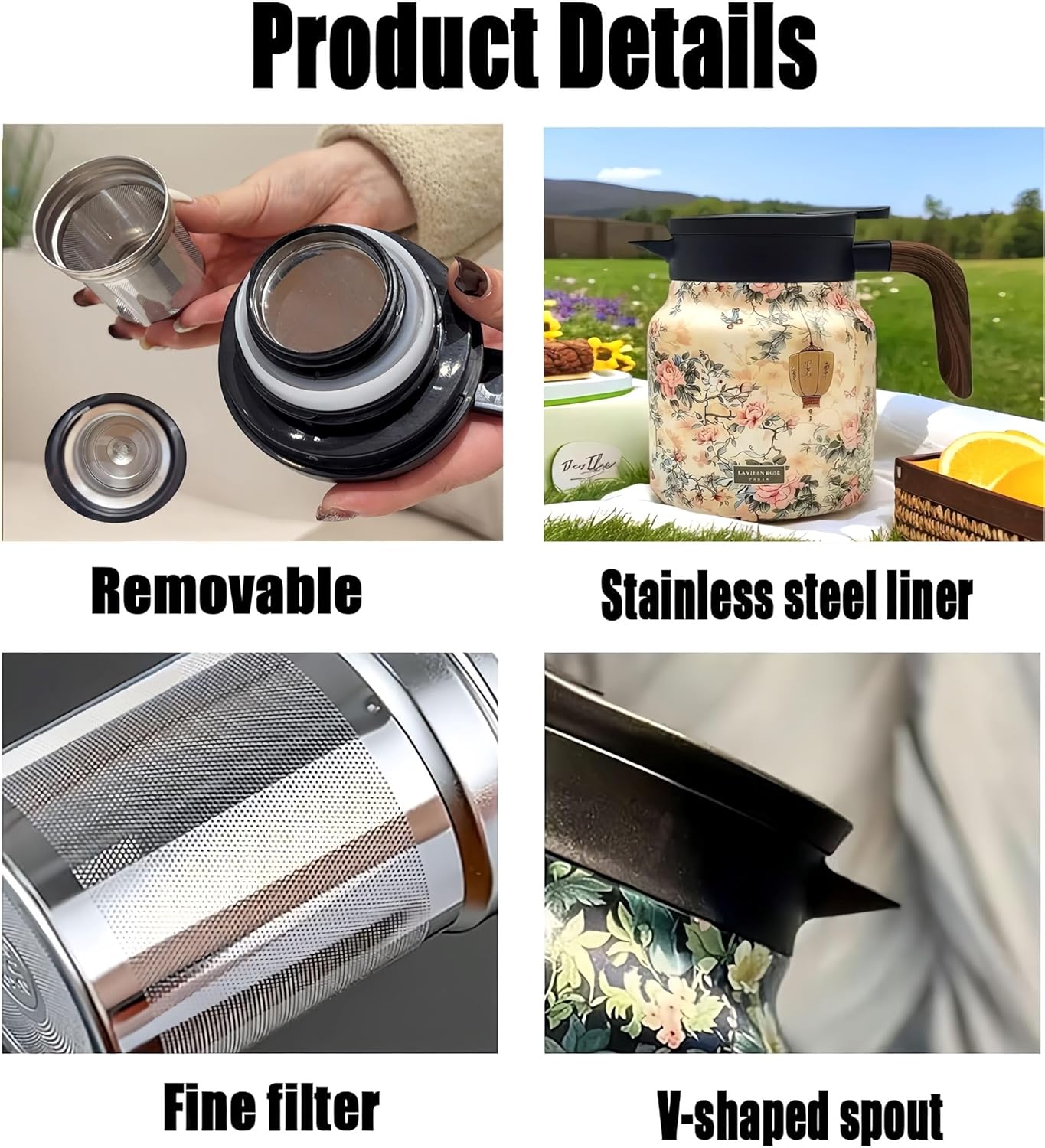 1000ML Stainless Steel Tea Pot with Vintage Floral Pattern, Built-in Infuser, Pressurized Water Dispensing, Long-lasting Heat Retention - Ideal for Brewing Tea