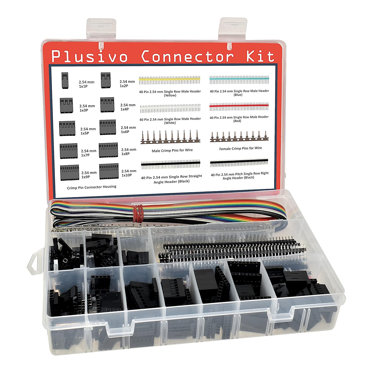 1004pcs Connector Kit with 2.54 mm Crimp Pin Connector Housings, Male Headers, Male/Female Crimp Pins and Ribbon Cable - Plusivo