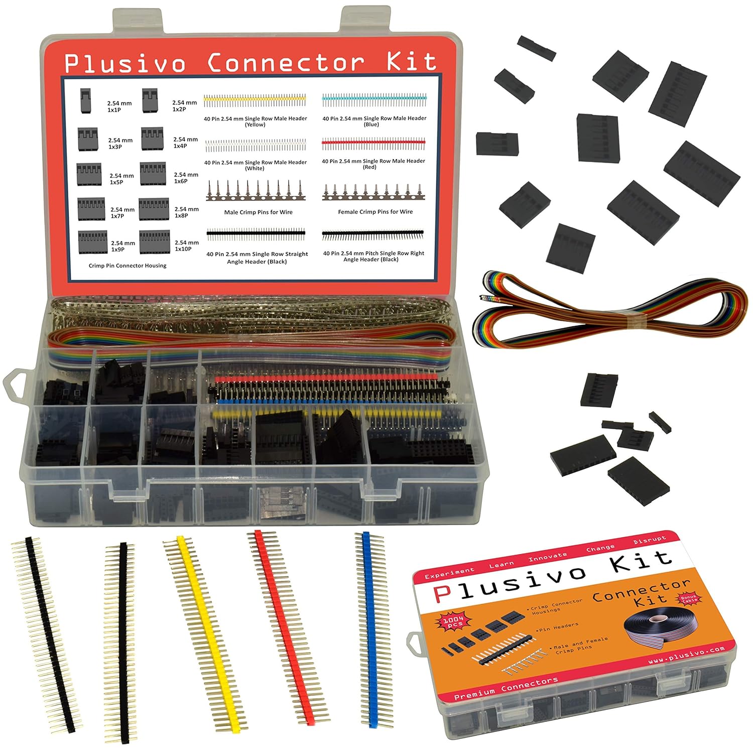 1004pcs Connector Kit with 2.54 mm Crimp Pin Connector Housings, Male Headers, Male/Female Crimp Pins and Ribbon Cable - Plusivo