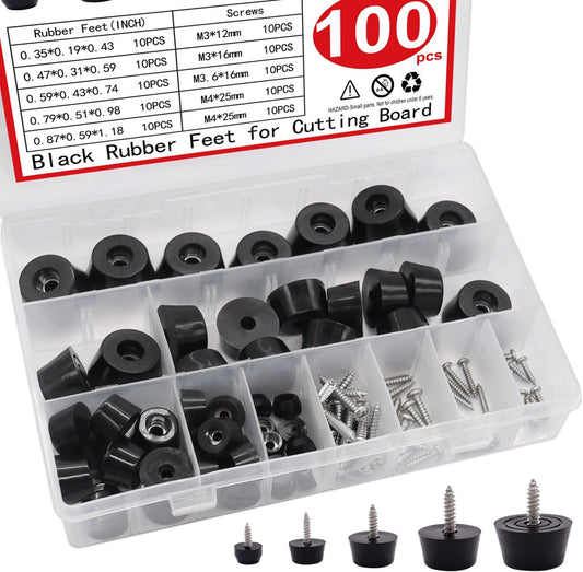 100PCS Rubber Feet Set with Stainless Steel Gasket & Screws - Non-Slip for Cutting Boards, Furniture, Electronics, Tables