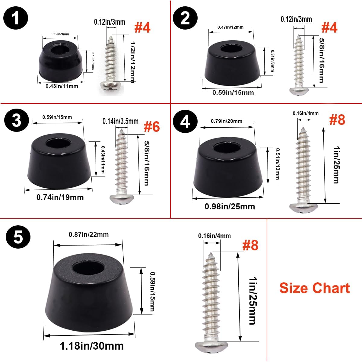 100PCS Rubber Feet Set with Stainless Steel Gasket & Screws - Non-Slip for Cutting Boards, Furniture, Electronics, Tables